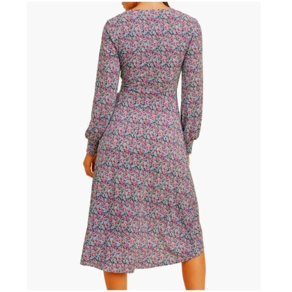 Lush | Floral Moss Crepe Long Sleeve Wrap Dress Blue Purple Multi | Size Medium - Picture 2 of 12